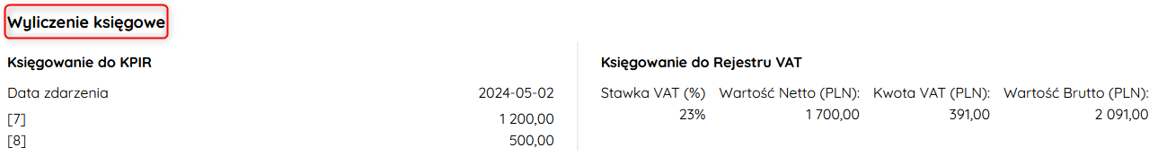 Sekcja Wyliczenie księgowe przy KPiR
