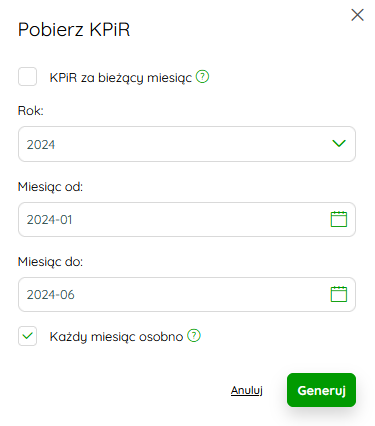 Okno pobierania Księgi Przychodów i Rozchodów