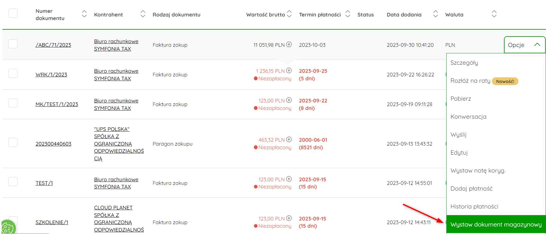 Opcja Wystaw dokument magazynowy przy fakturze