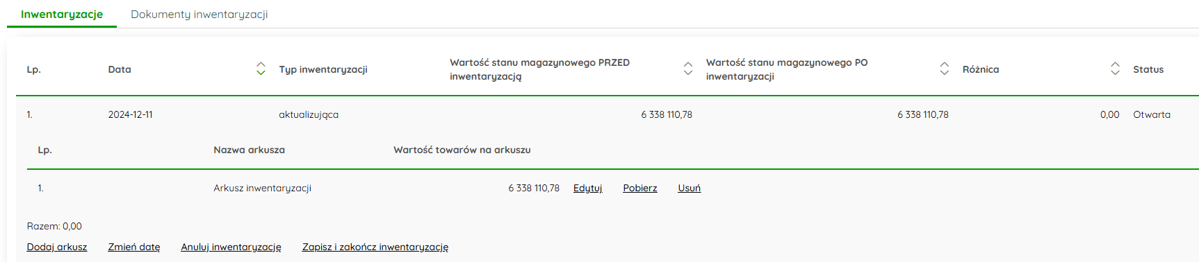 Opcje dostępne dla rozpoczętej inwentaryzacji