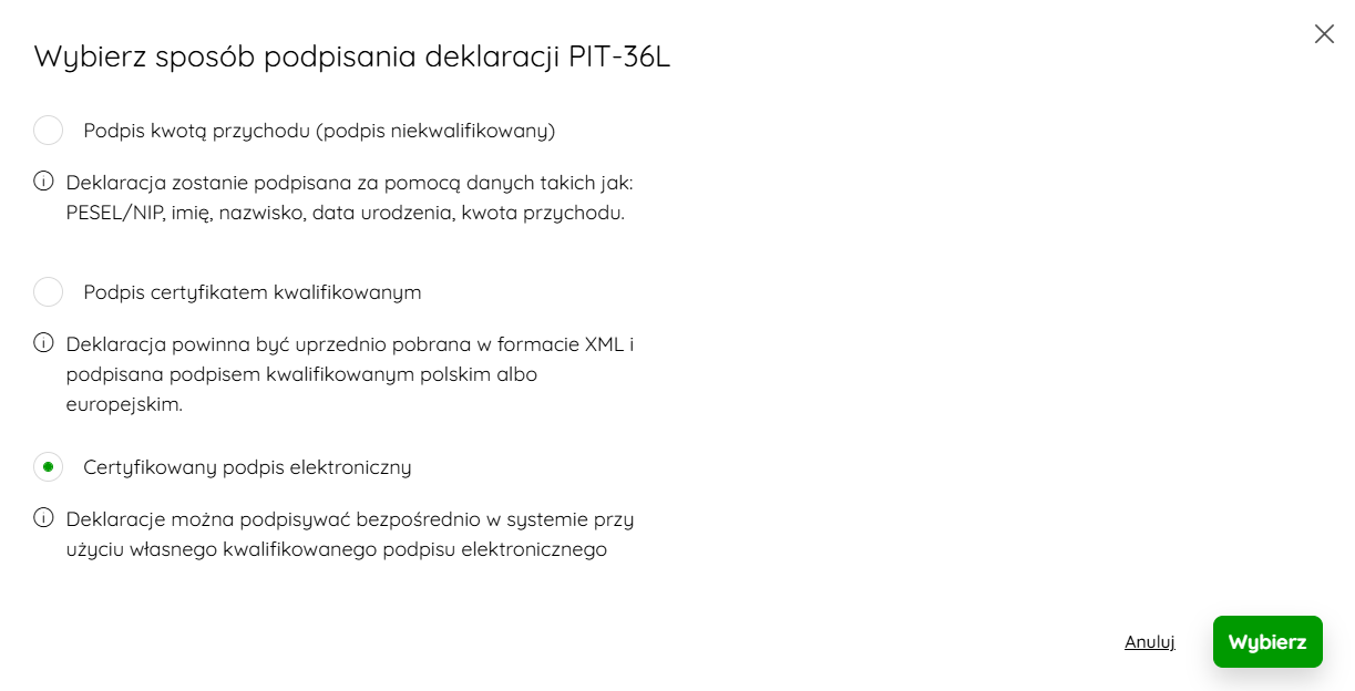 Wybór certyfikowanego podpisu elektronicznego