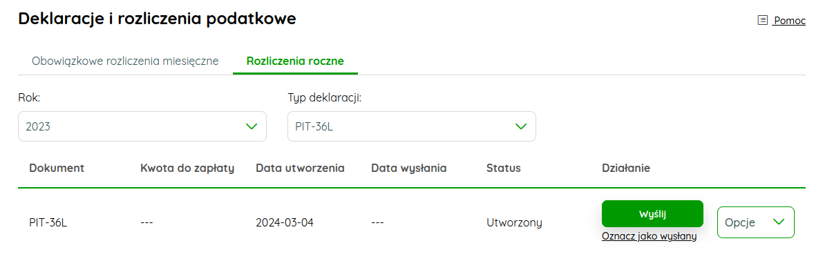 Opcje dostępne dla utworzonej deklaracji rocznej