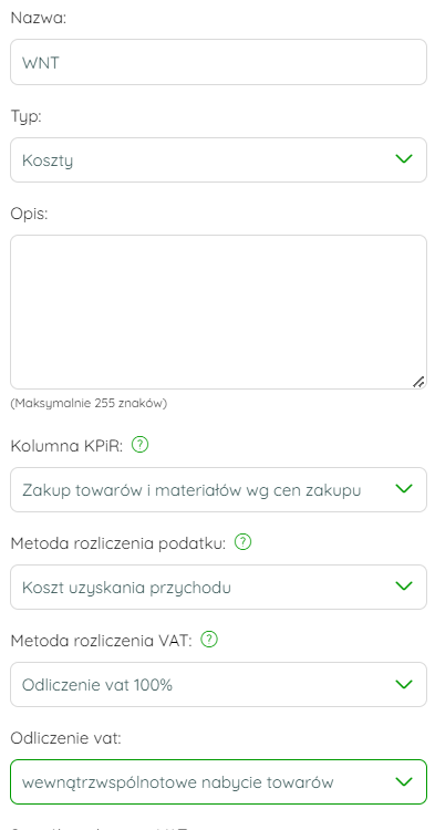 Ustawienia kategorii księgowej dla nabycia wewnątrzwspólnotowego