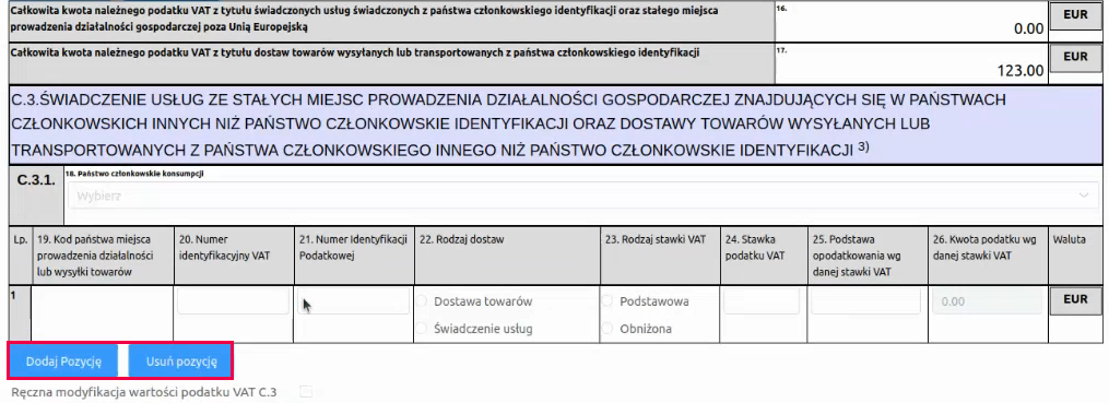 Formularz deklaracji VIU-DO z opcjami dodawania pozycji