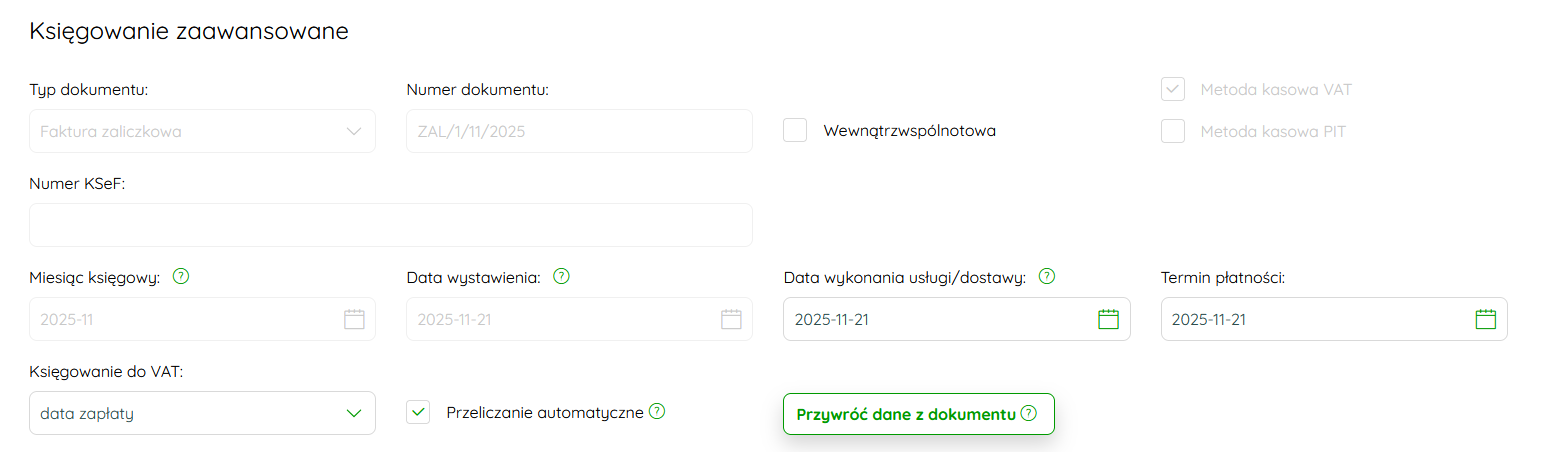 Przycisk Przywróć dane z dokumentu