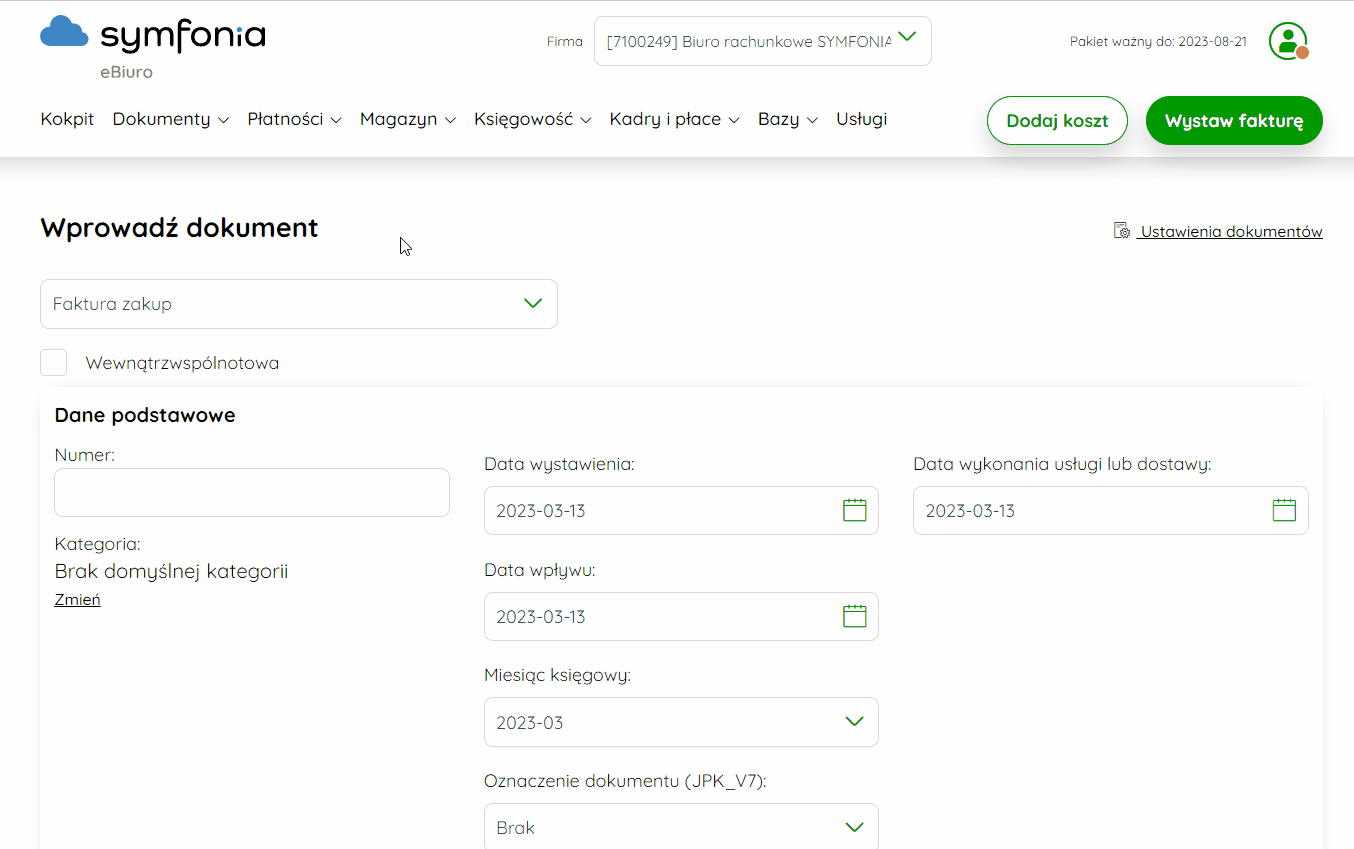 Przypisywanie kategorii do pozycji na formularzu faktury