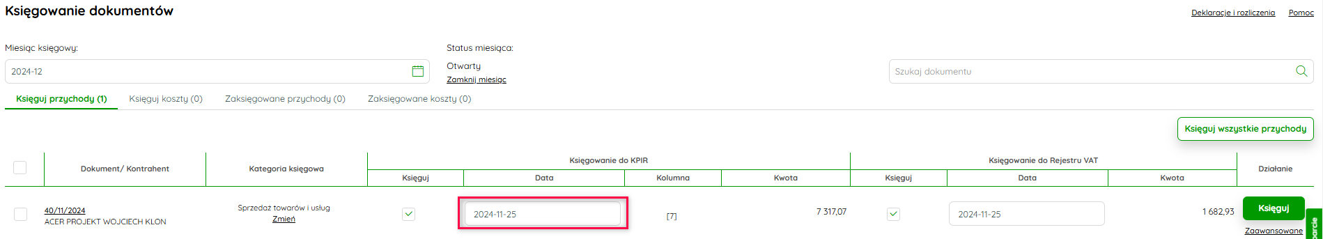 Zmiana daty księgowania przy zaległym dokumencie