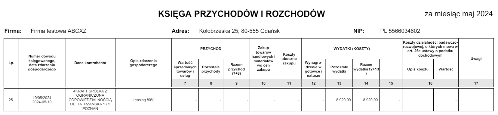 Wartości leasingu na wydruku KPiR
