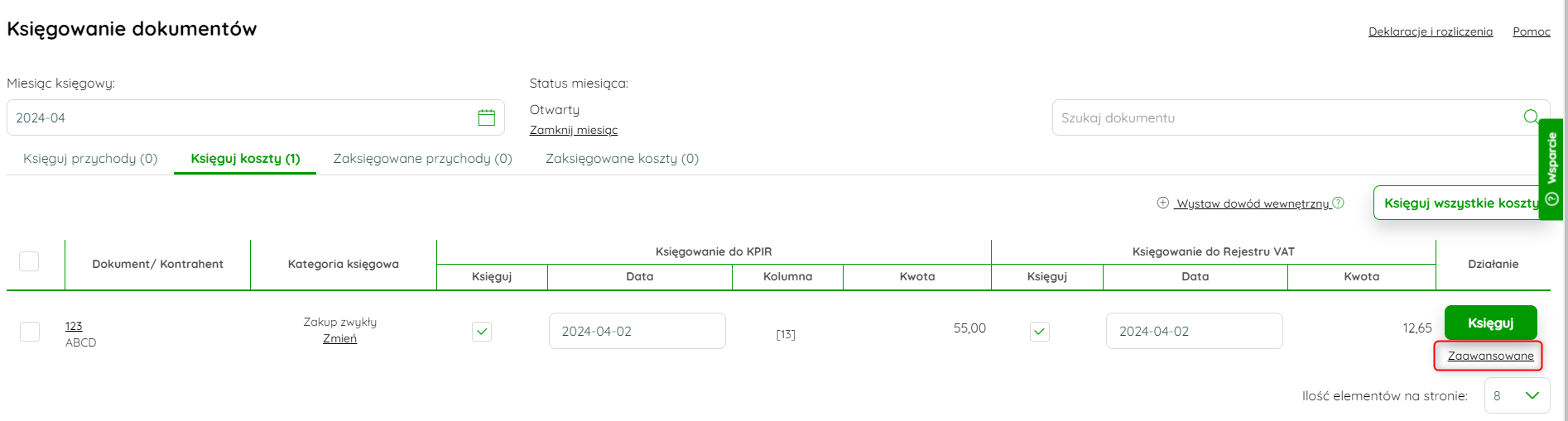 Opcja Zaawansowane w kolumnie Działanie