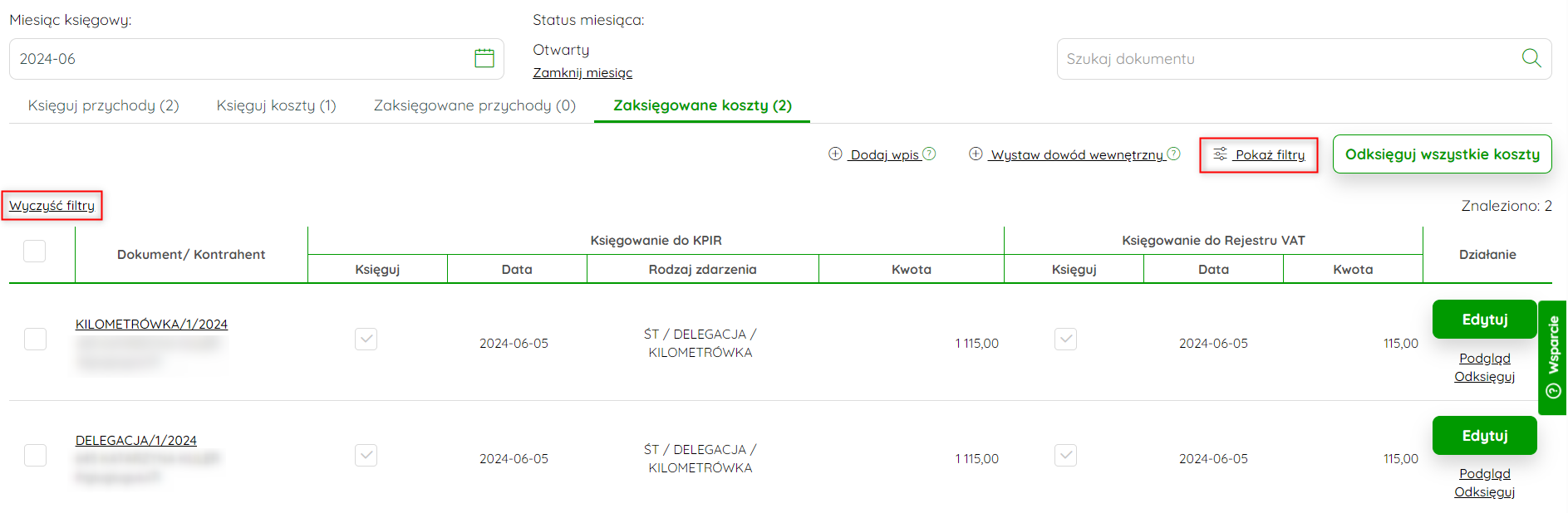 Opcja Wyczyść filtry nad listą dokumentów