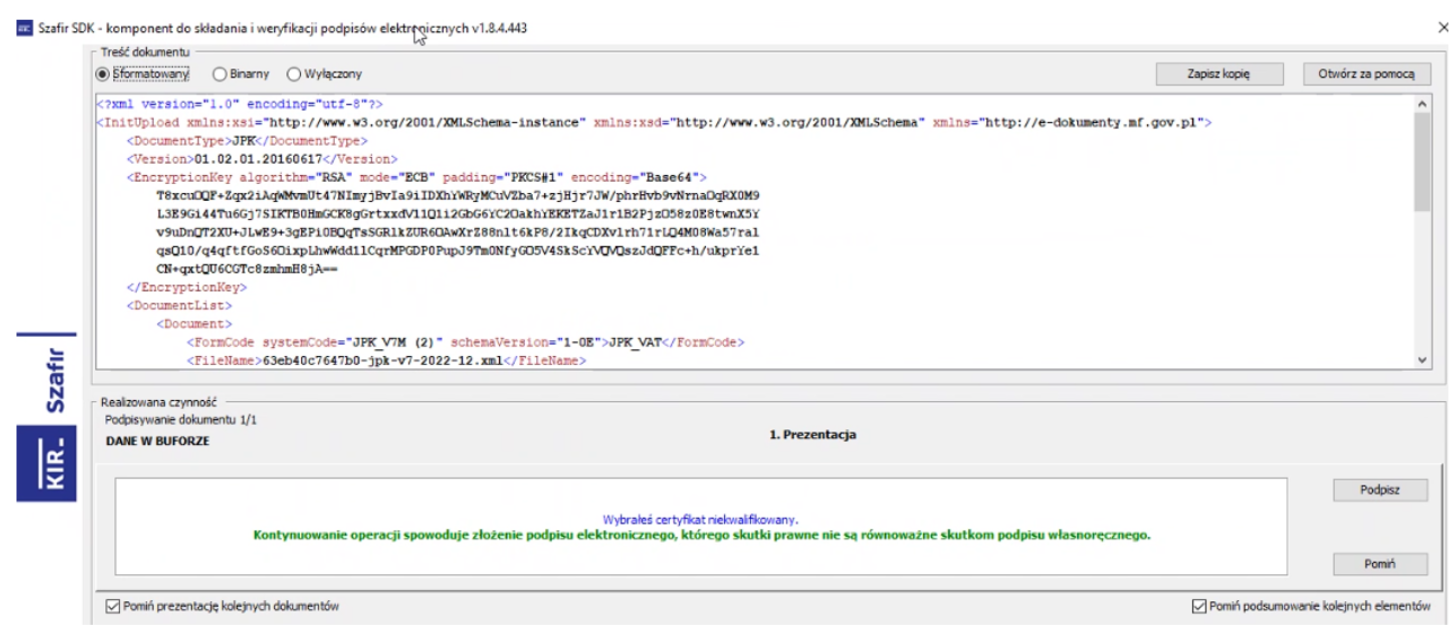 Okno aplikacji Szafir SDK Web
