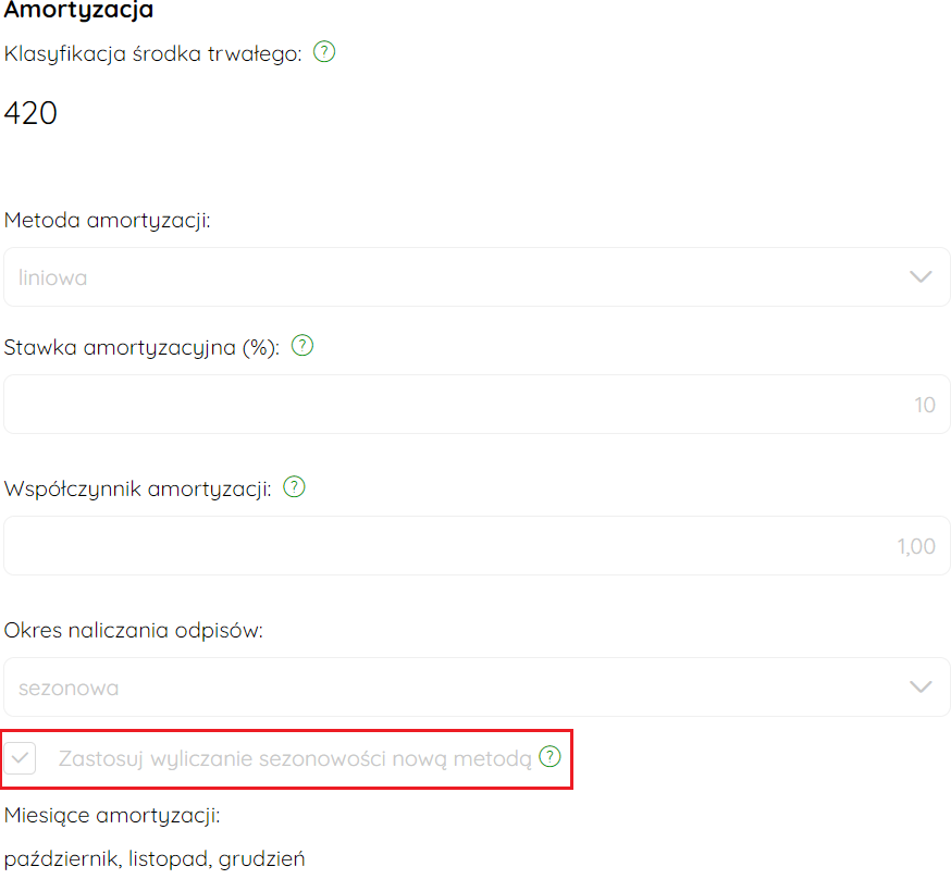 Ustawienia środka trwałego wprowadzonego nową metodą