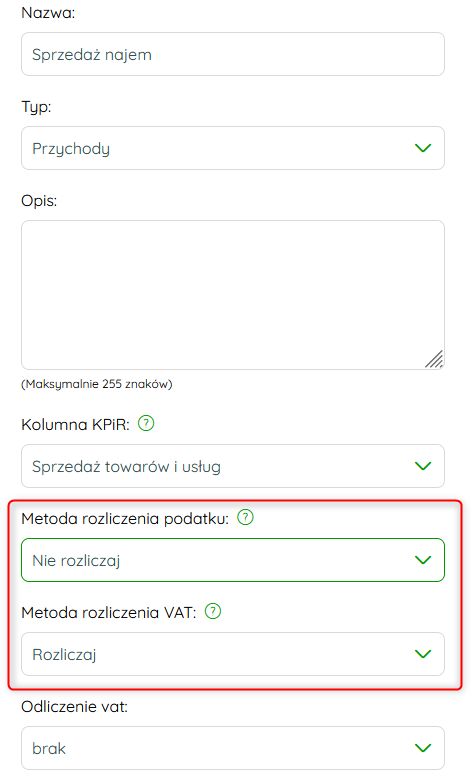 Ustawienia kategorii księgowej dla najmu
