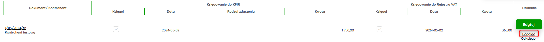 Podgląd zaksięgowanego dokumentu