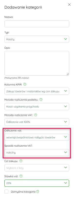 Ustawienia kategorii księgowej dla nabycia wewnątrzwspólnotowego