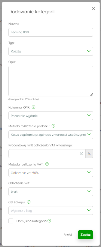 Przykładowe ustawienia kategorii księgowej dla leasingu