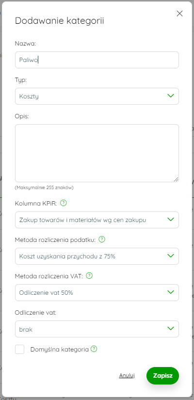 Ustawienia kategorii księgowej z proporcją kosztów pojazdu