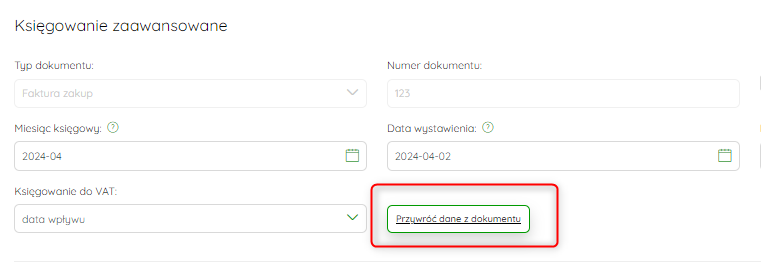 Opcja Przywróć dane z dokumentu na formularzu