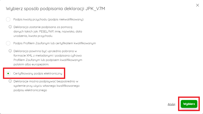 Okno podpisywania deklaracji