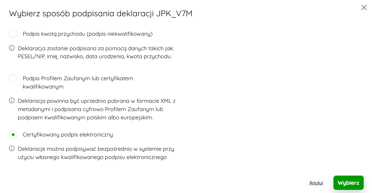 Wybór certyfikowanego podpisu elektronicznego