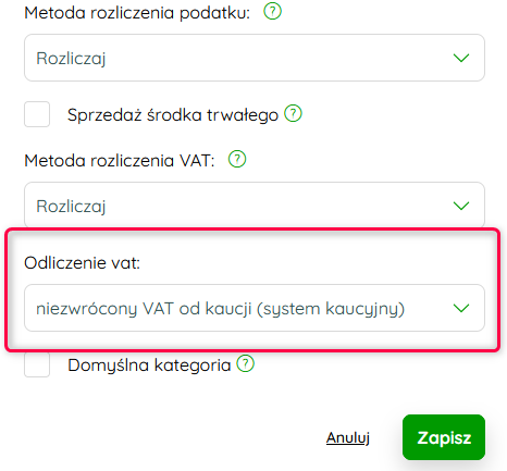 Ustawienia kategorii księgowej dla systemu kaucyjnego