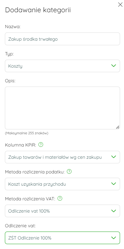 Ustawienia kategorii księgowej dla zakupu środka trwałego