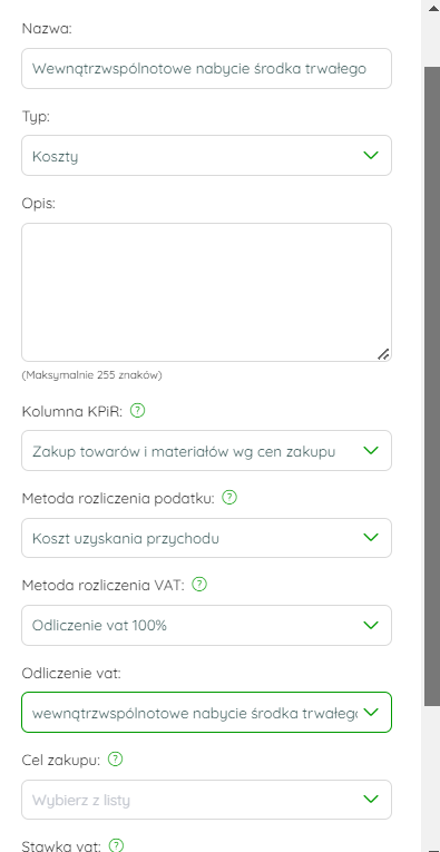 Ustawienia kategorii dla nabycia środka trwałego