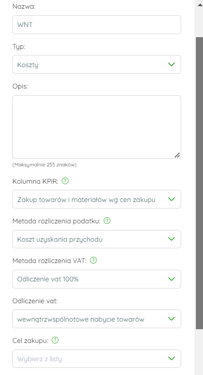 Ustawienia kategorii dla nabycia towarów