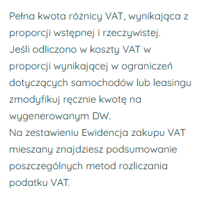 Formularz dowodu wewnętrznego z roczną korektą proporcji VAT