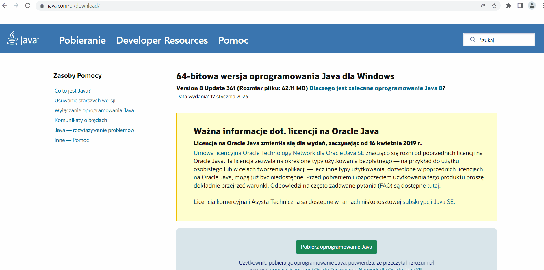 Pobieranie aplikacji Java w Google Chrome