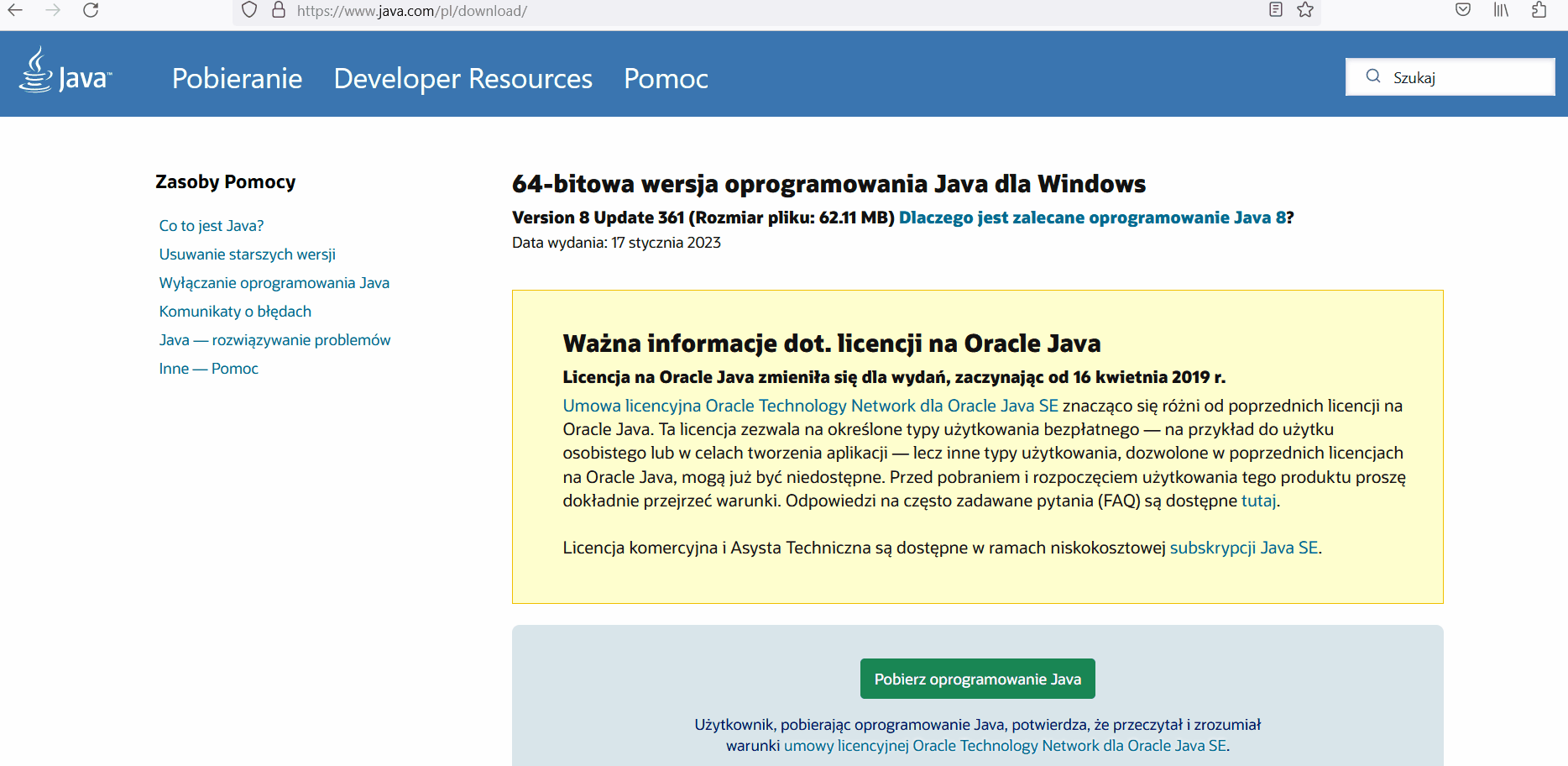 Pobieranie aplikacji Java w Mozilla Firefox