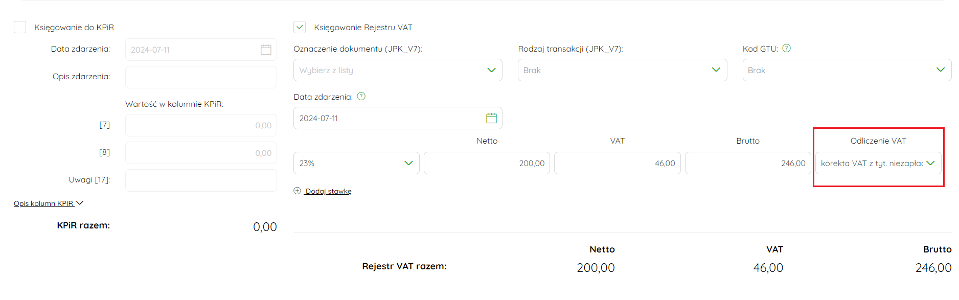 Wybór opcji korekta VAT z tyt. niezapłaconych należności w polu Odliczenie VAT
