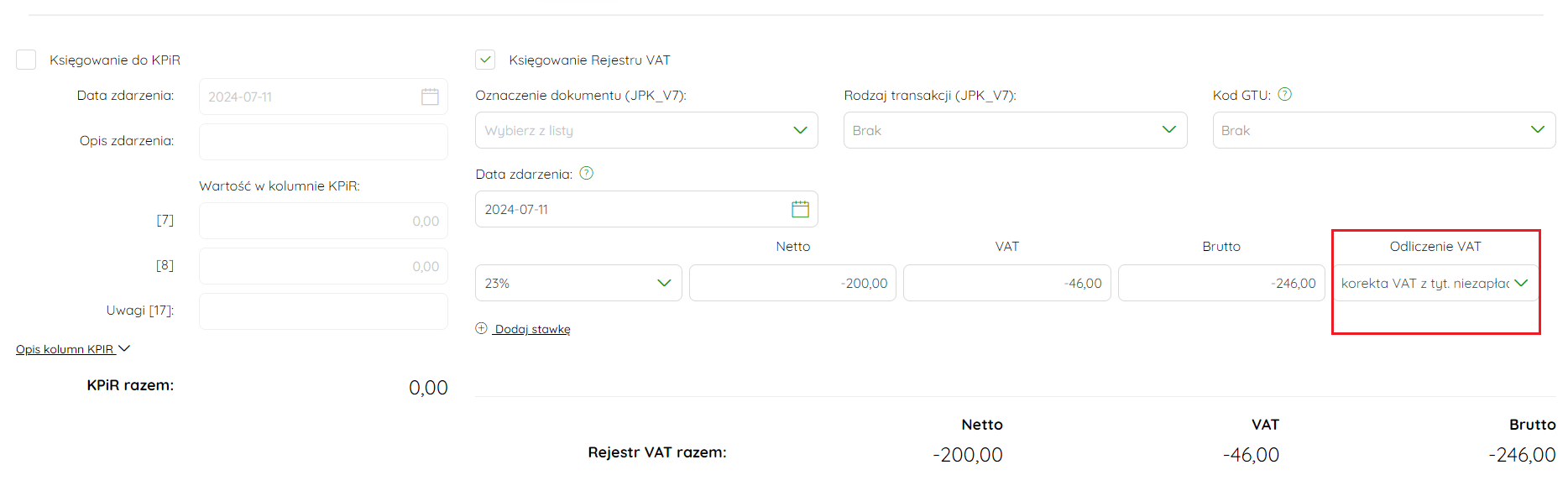 Wybór opcji korekta VAT z tyt. niezapłaconych zobowiązań w polu Odliczenie VAT