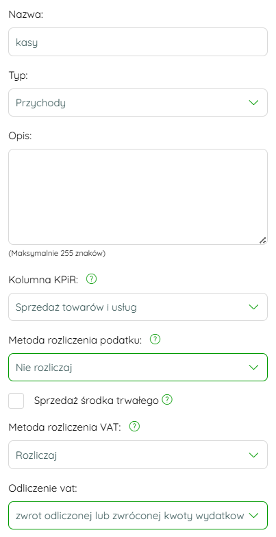 Ustawienia kategorii księgowej dla zwrotu kwoty na kasy rejestrujące