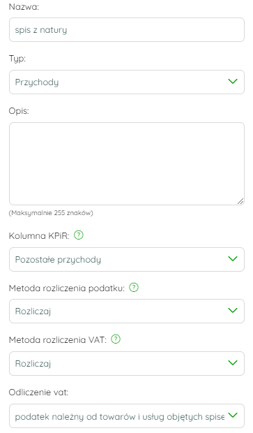 Ustawienia kategorii księgowej dla spisu z natury