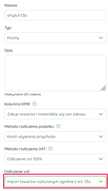 Ustawienia kategorii księgowej dla importu towarów