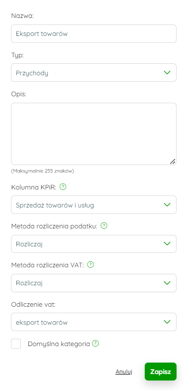Ustawienia kategorii księgowej dla eksportu towarów