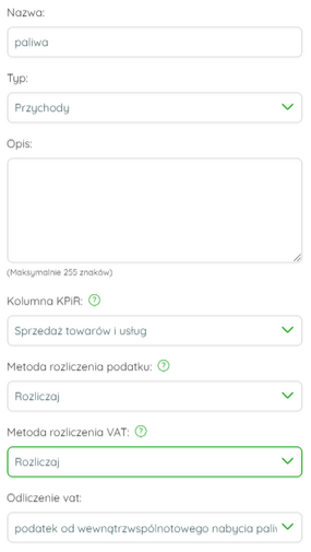 Ustawienia kategorii księgowej dla nabycia paliw silnikowych