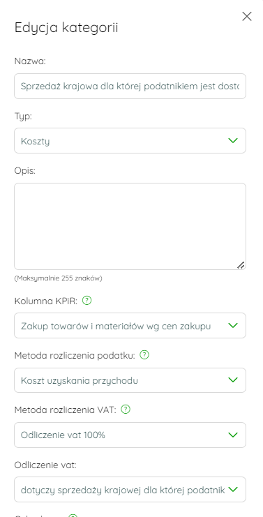 Ustawienia kategorii księgowej dla sprzedaży krajowej