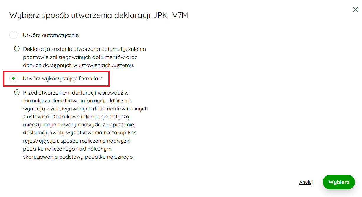 Wybór sposobu tworzenia deklaracji JPK_V7