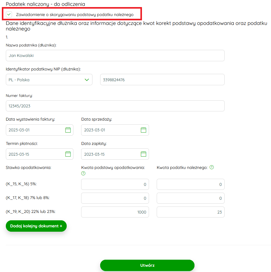 Zaznaczanie zawiadomienia na formularzu JPK_V7