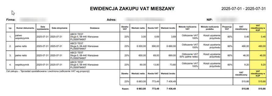 Okno generowania ewidencji zakupu VAT mieszany