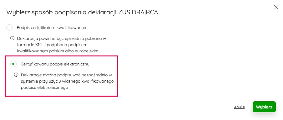 Wybór certyfikowanego podpisu elektronicznego