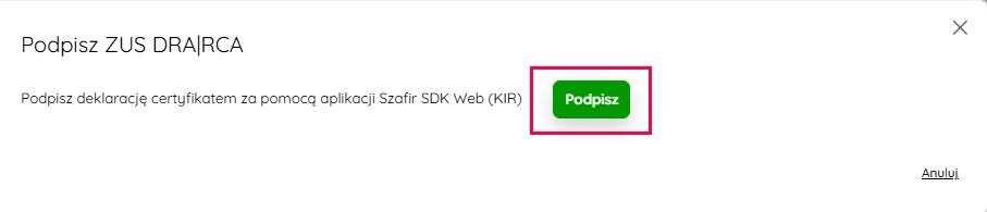 Komunikat o wymaganej aplikacji Szafir SDK Web