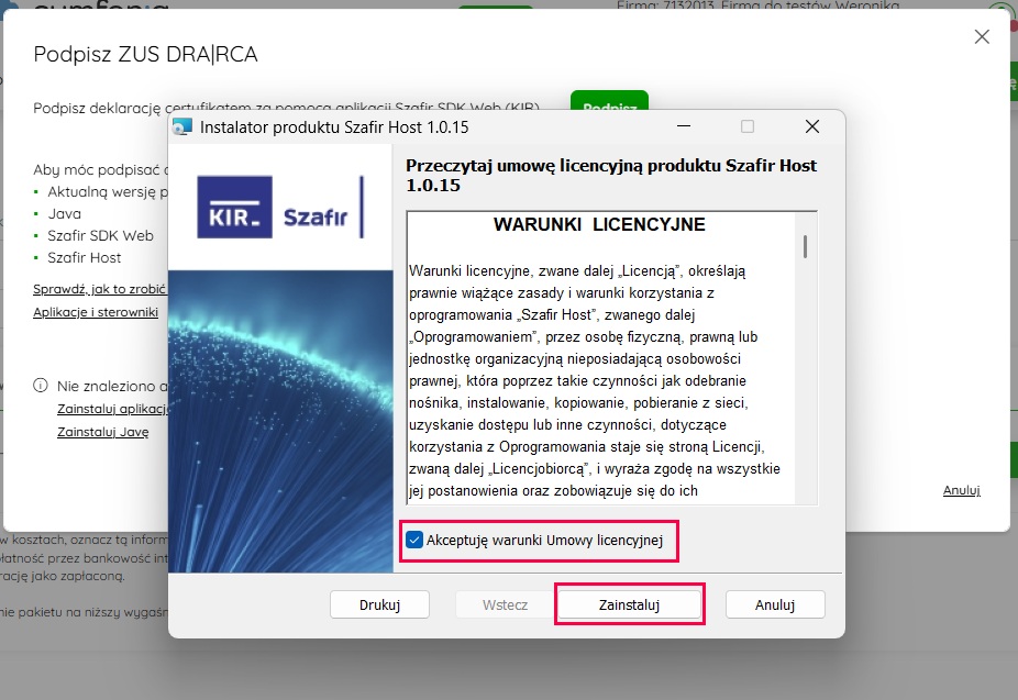 Instalator Szafir Host z akceptacją warunków licencyjnych