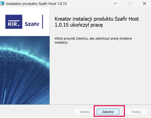 Zakończenie instalacji Szafir Host
