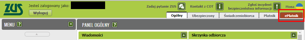 Zakładka ePłatnik na portalu PUE ZUS