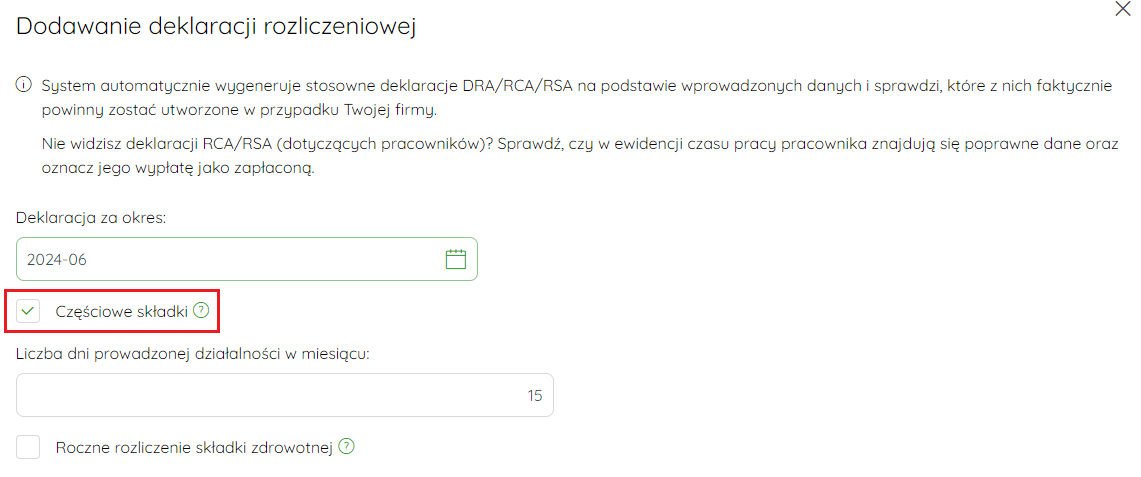 Pozycja Częściowe składki na formularzu deklaracji