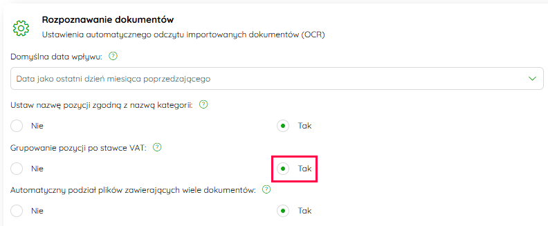 Opcja Grupowanie pozycji po stawce VAT w ustawieniach