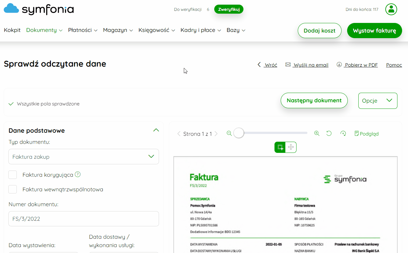 Uzupełnianie dodatkowych pól podczas weryfikacji